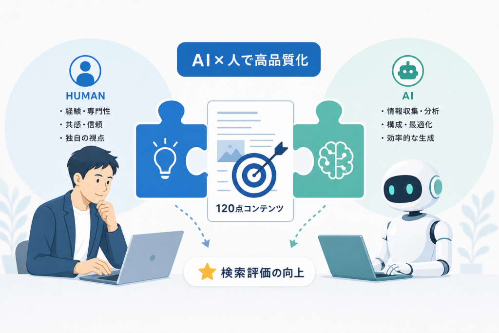 AIと人間の役割分担で検索評価を高めるコンテンツ設計：現場実例に基づく120点コンテンツ作成法