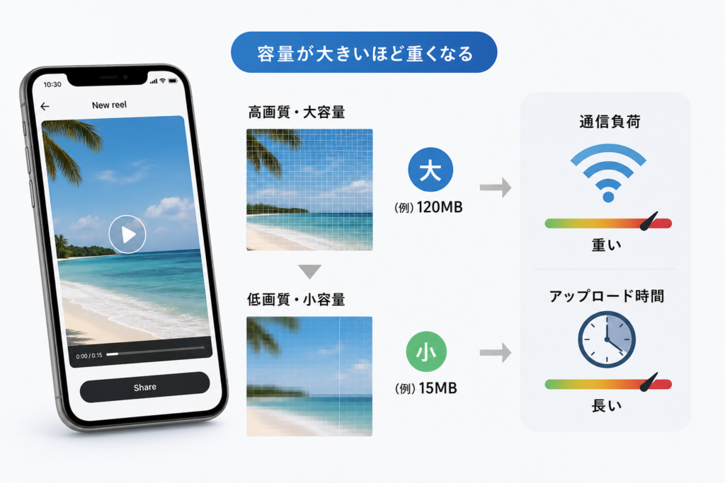 インスタ動画サイズと容量・通信の関係：画質低下と投稿が重い原因