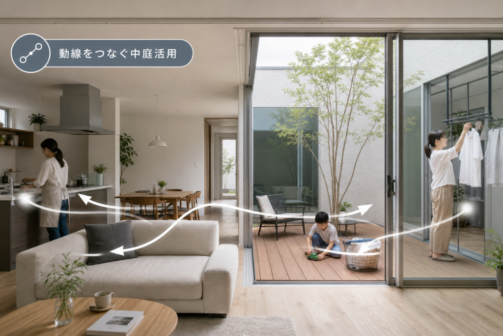 リビングからのアクセスや家事動線を含めた中庭活用シーンの現実