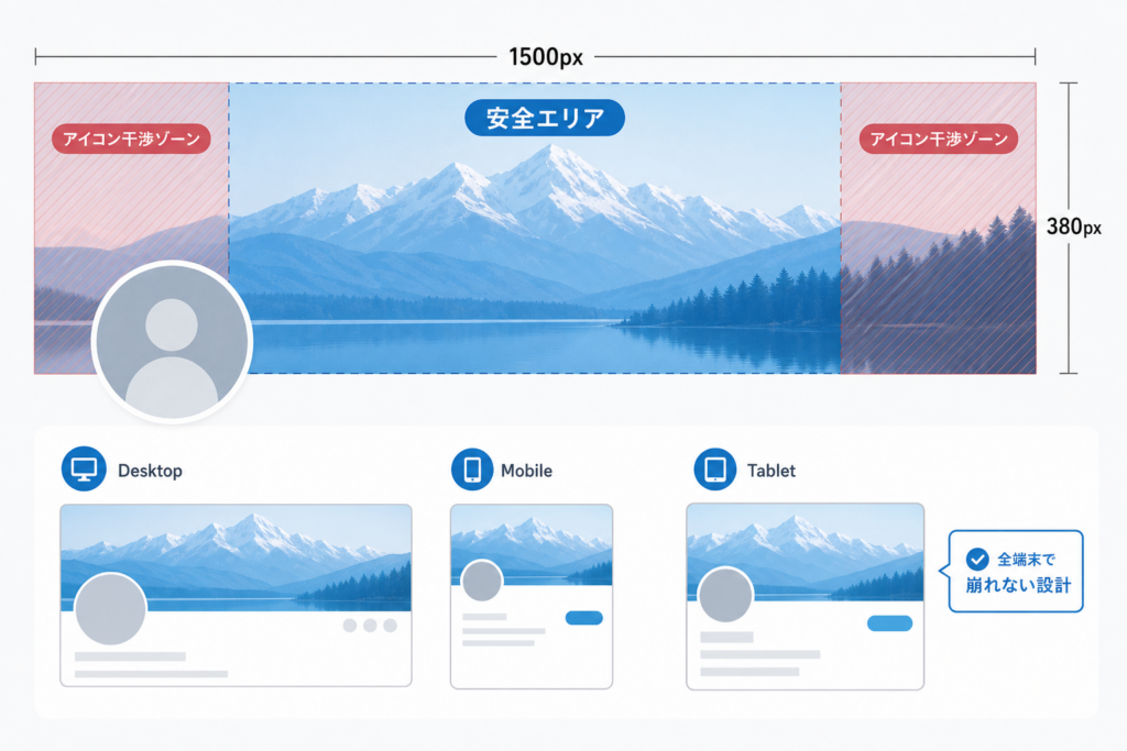 安全エリア1500×380ピクセル設計とアイコン干渉ゾーン対策