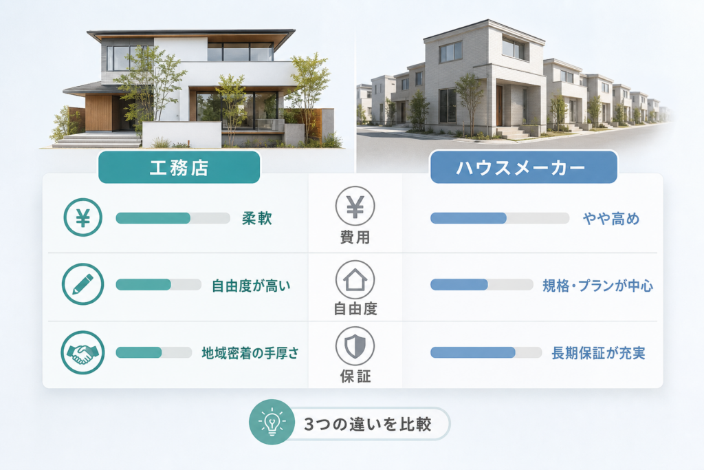 工務店とハウスメーカーの3つの違いを比較｜費用・自由度・保証