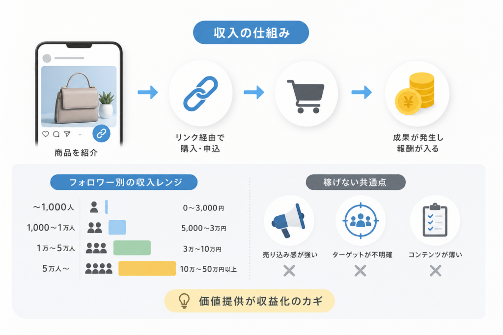 Instagramアフィリエイトの収入仕組み・フォロワー別の現実的な収入レンジと稼げない共通点