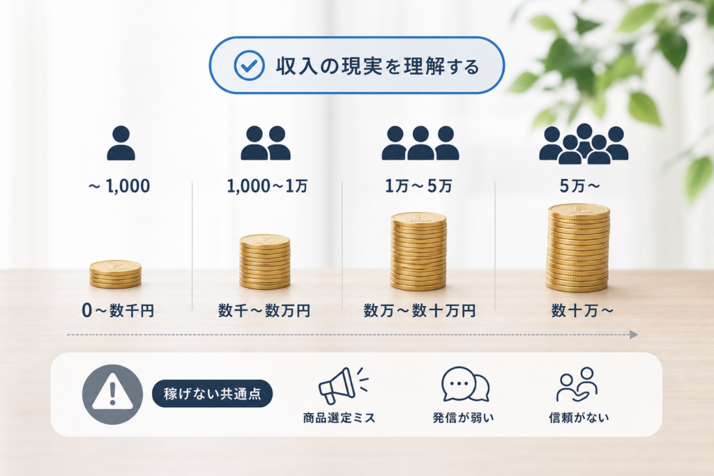 Instagramアフィリエイトの収入仕組み・フォロワー別の現実的な収入レンジと稼げない共通点