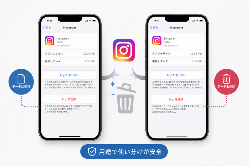 iPhoneでInstagramキャッシュ削除：「Appを取り除く」と「Appを削除」の違いと安全な方法