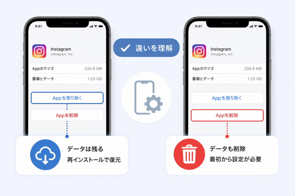 iPhoneでInstagramキャッシュ削除：「Appを取り除く」と「Appを削除」の違いと安全な方法