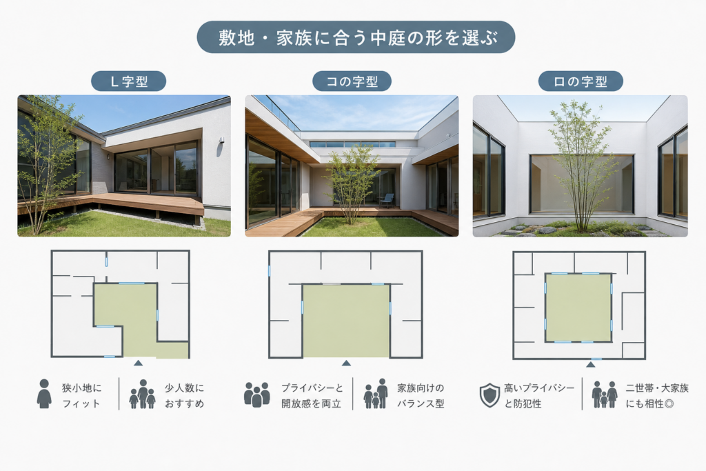 L字・コの字・ロの字の中庭の特徴と敷地・家族構成による相性の違い
