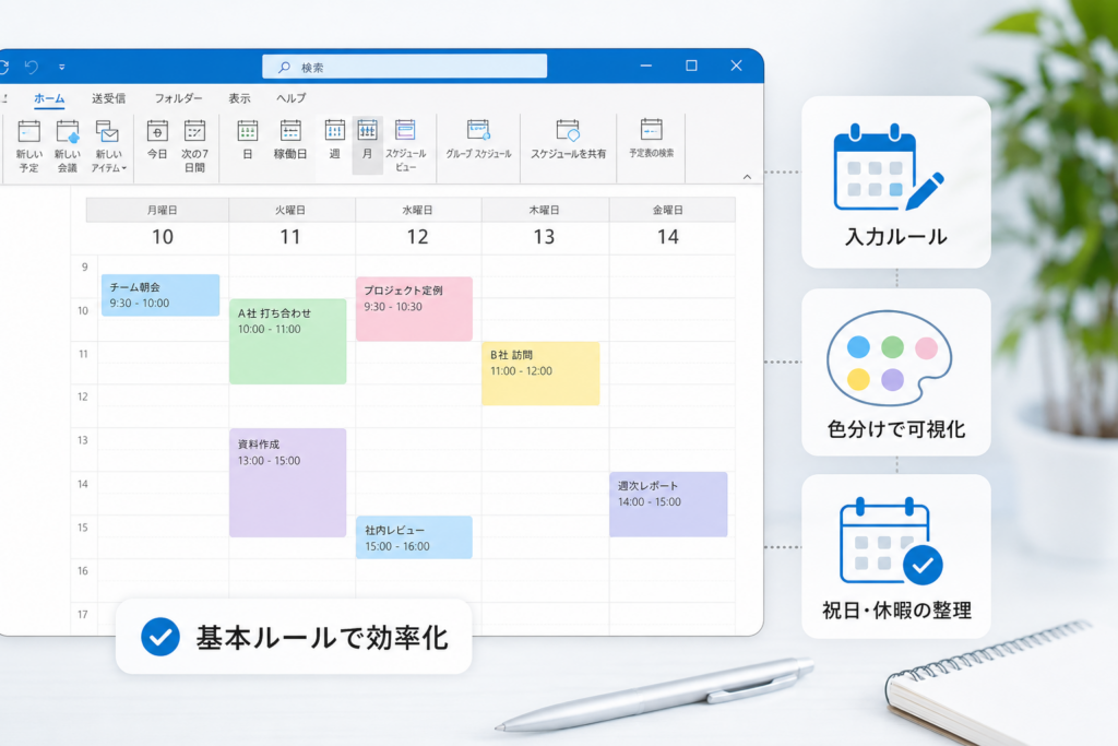 Outlookでスケジュール入力・色分け・祝日整理を実務レベルで運用する基本ルール