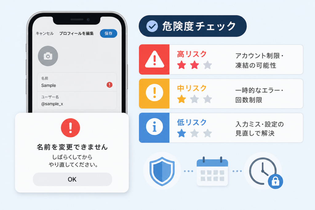 Twitter名前変更エラーと回数制限を危険度別にチェック
