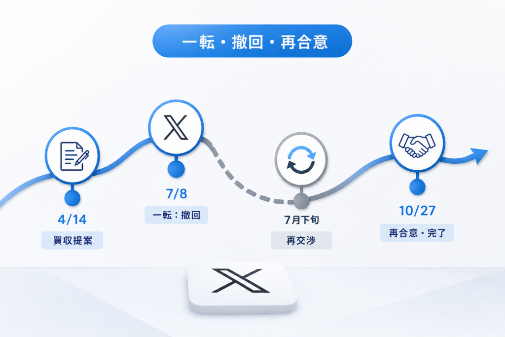 Twitter買収の時系列：提案から完了まで『一転・撤回・再合意』の経緯