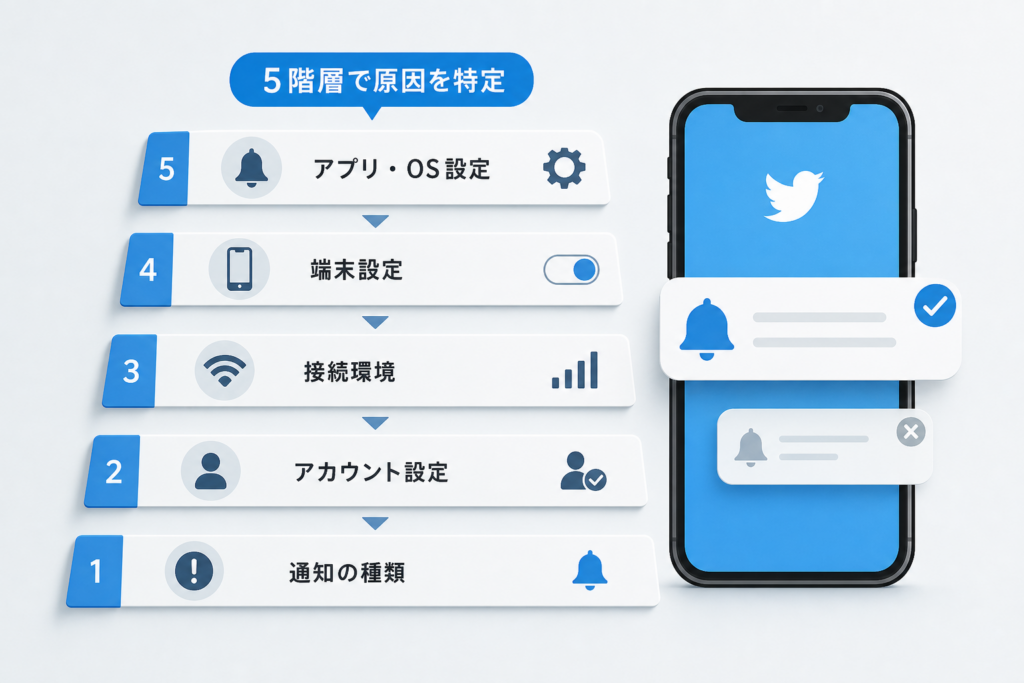 Twitter通知がこない原因を5階層で切り分けて解決する方法