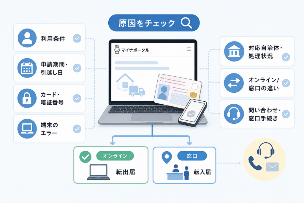 マイナポータルで引越し申請ができない原因を判定する