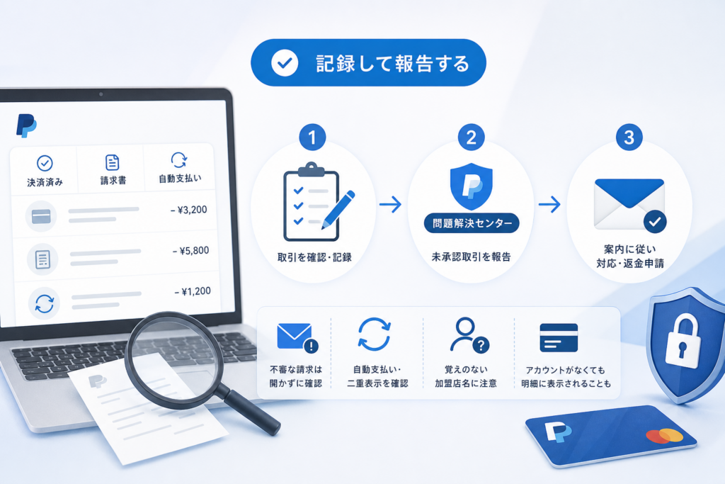 心当たりのない支払いは、記録して報告する