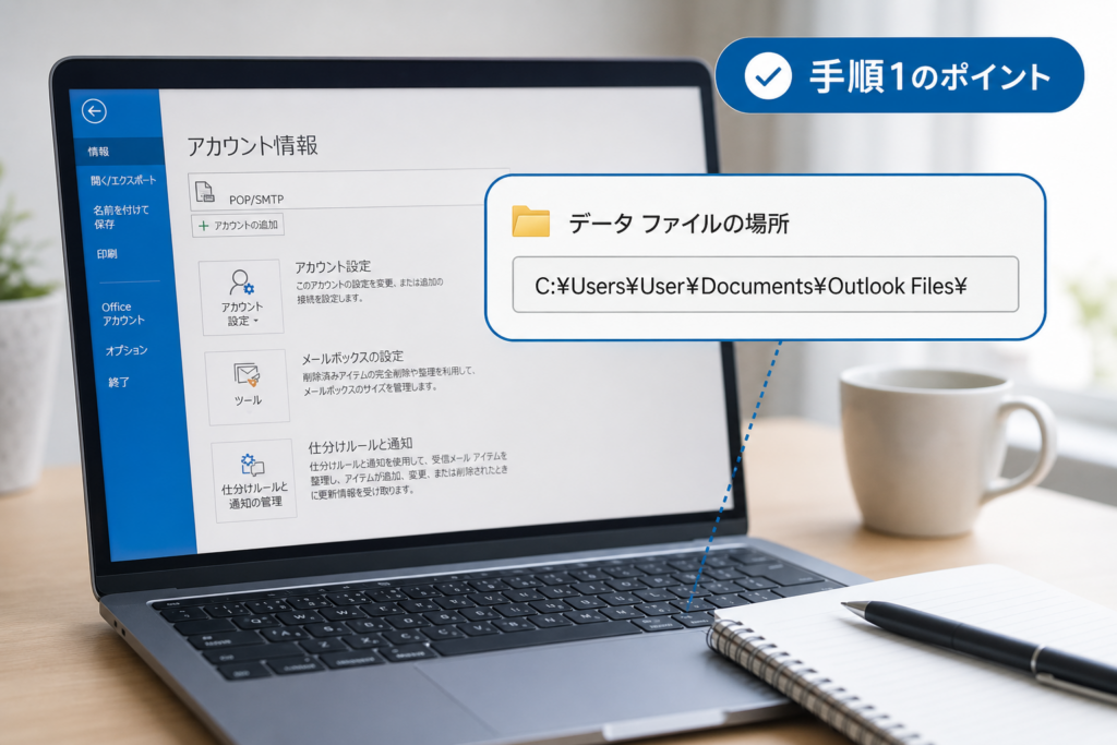 手順1：既存のOutlookデータファイルの場所を確認する