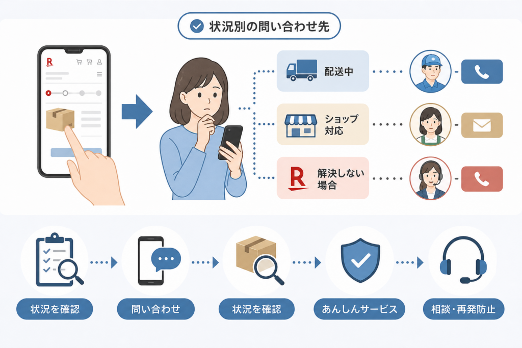 配送状況別|ショップ・配送会社・楽天市場のどこへ問い合わせる?