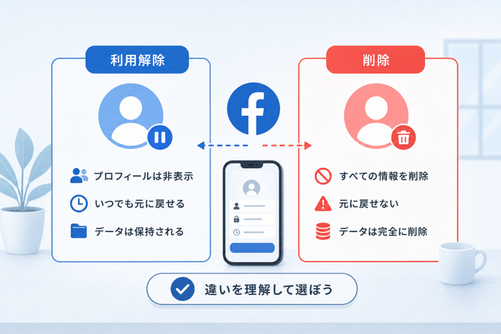 Facebookアカウント「削除」と「利用解除」の違い