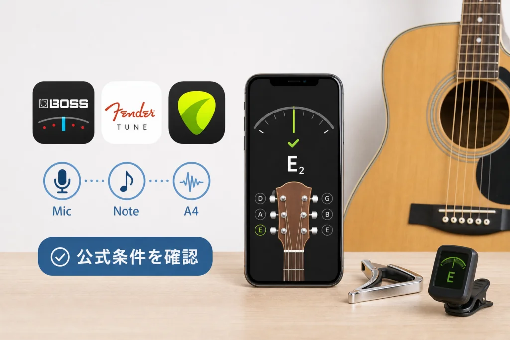 BOSS Tuner・Fender Tune・GuitarTunaの公式情報を確認