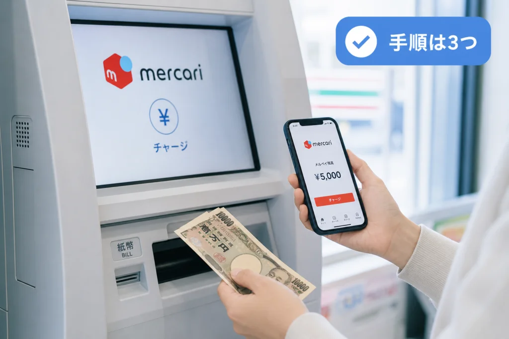 コンビニATMから現金をチャージする手順