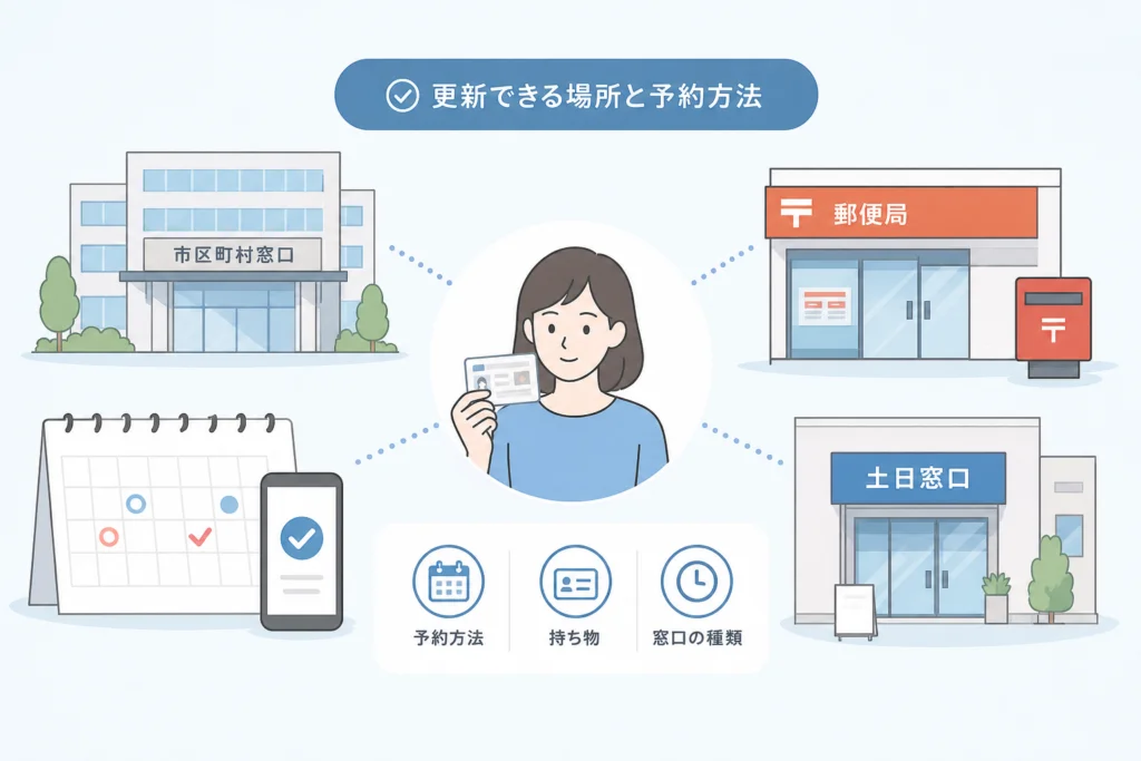 更新できる場所と予約方法｜市区町村・郵便局・土日窓口