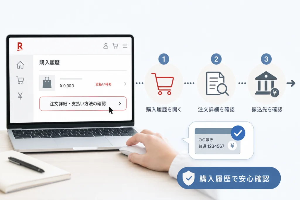 購入履歴から銀行振込先を確認する手順