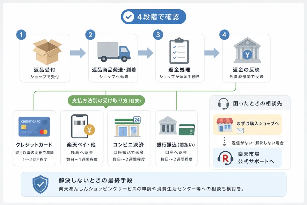 返金が止まっている場所を、共通確認と支払方法別の分岐で探す