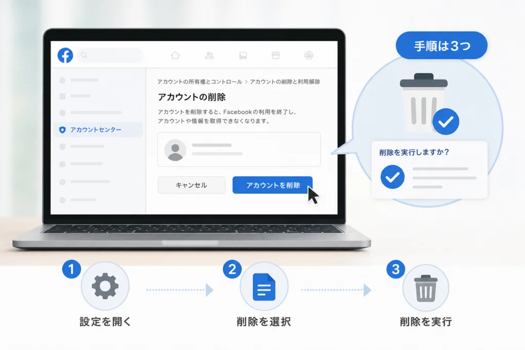 PCブラウザでFacebookアカウントを削除する手順